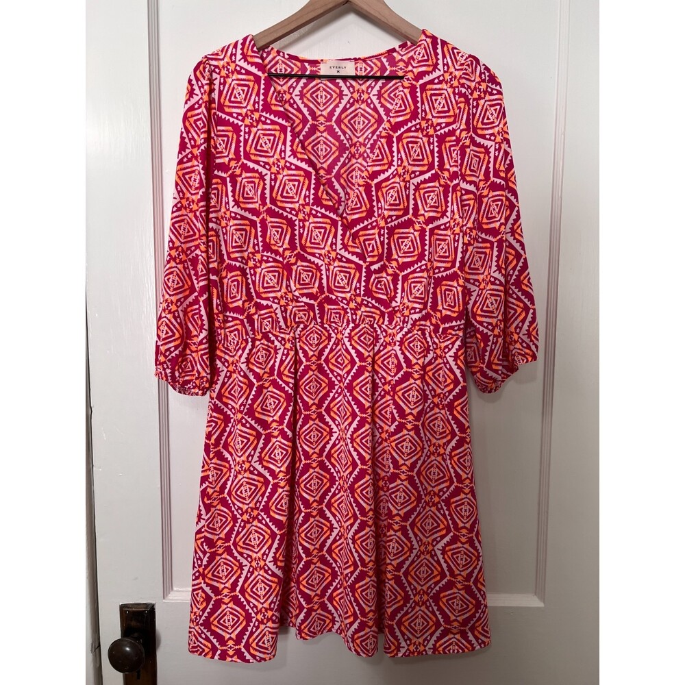 Everly Women's Geometric Print Dress Pink Orange White 3/4 Sleeve Size L